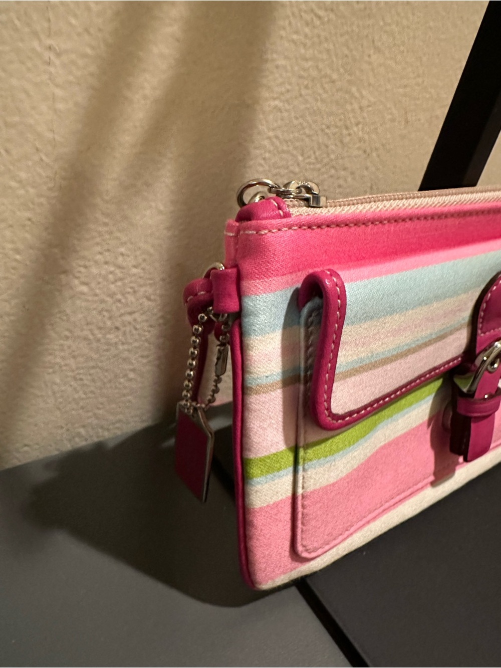 Coach Vintage Y2K SoHo multicolored stripe Pink Leather Trim wristlet - Picture 2 of 11